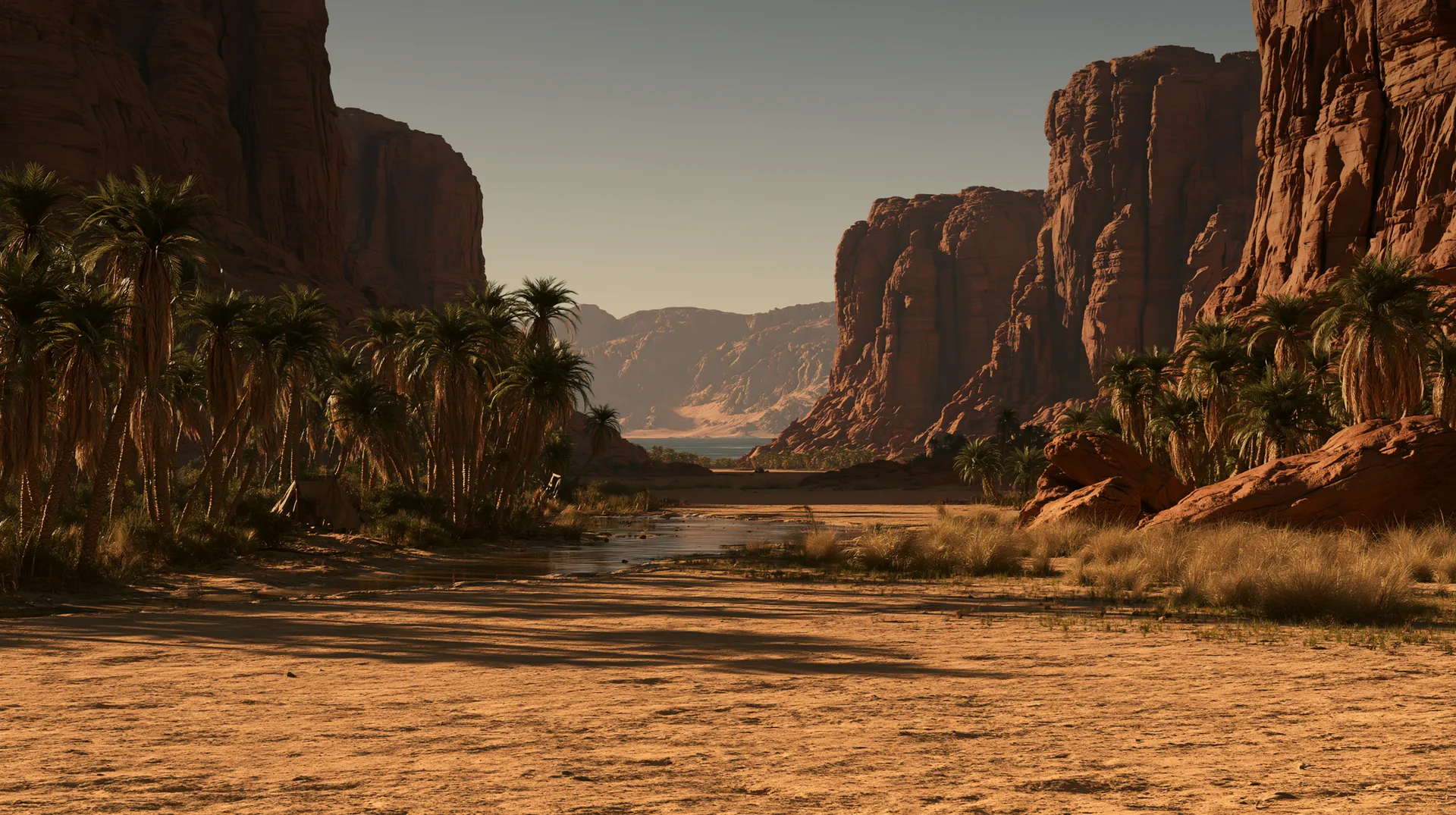 A camp in a red-rock coastal valley at golden hour