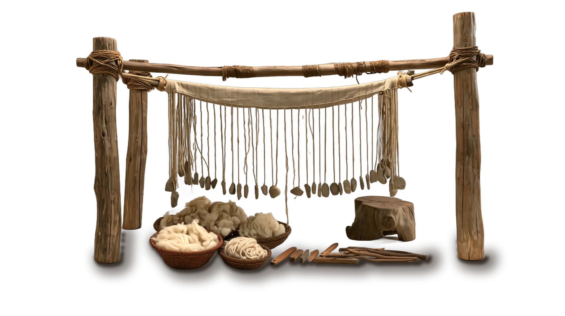 A warp-weighted loom standing in the camp, its warp threads held taut by stone weights