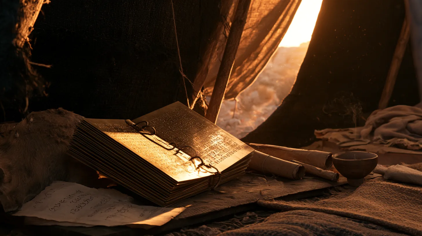 Inside a scribe's tent: a low writing desk, scattered tools, a candle still burning